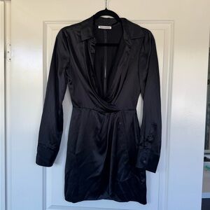 Reformation Black Long Sleeve Satin Dress